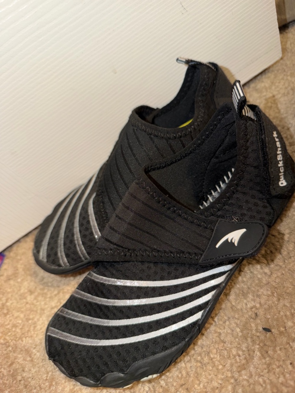 QuickShoe Black Slip-On Water Shoes with Silver Stripes
